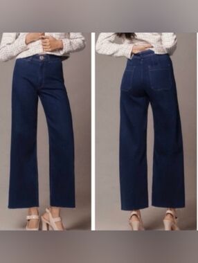 Anthropologie Maeve The Ettie High-Rise Crop Wide Leg Jeans Dark Wash Raw Hem 27